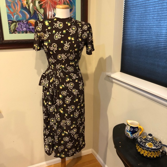 Vintage 40's Brown Cold Rayon Floral Print Iconic WWII Era Historic Dress - XS - Picture 15 of 16